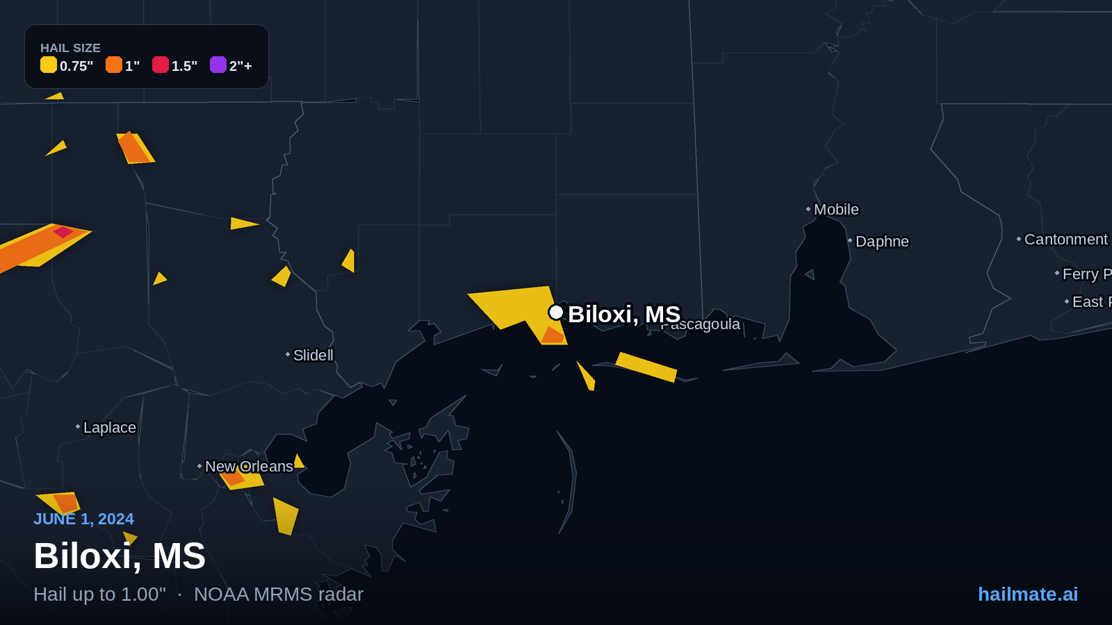 Hail swath map for Biloxi, MS on June 1, 2024 showing 1.00 inch hail.