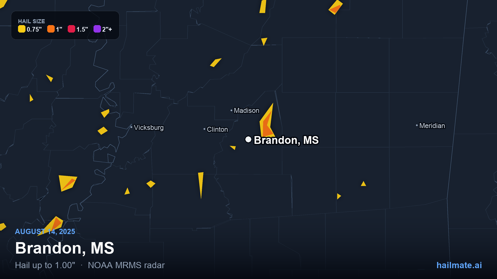 Hail swath map for Brandon, MS on August 14, 2025 showing 1.00 inch hail.