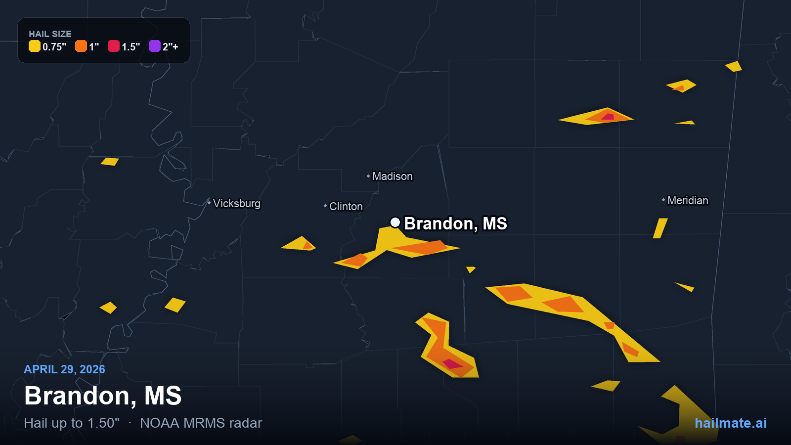 Hail swath map for Brandon, MS on April 29, 2026 showing 1.50 inch hail.