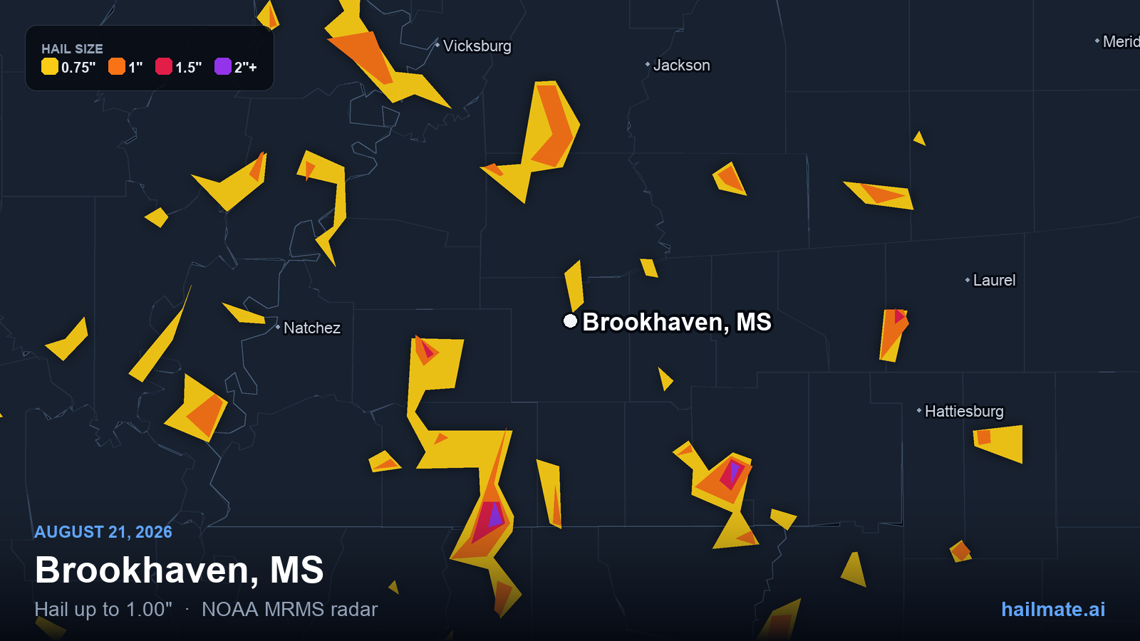 Hail swath map for Brookhaven, MS on August 21, 2026 showing 1.00 inch hail.