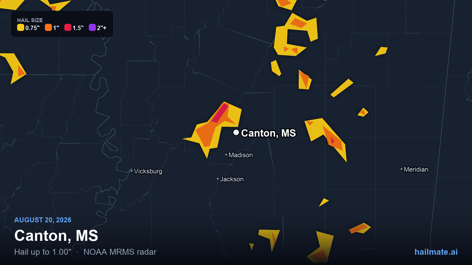 Hail swath map for Canton, MS on August 20, 2026 showing 1.00 inch hail.