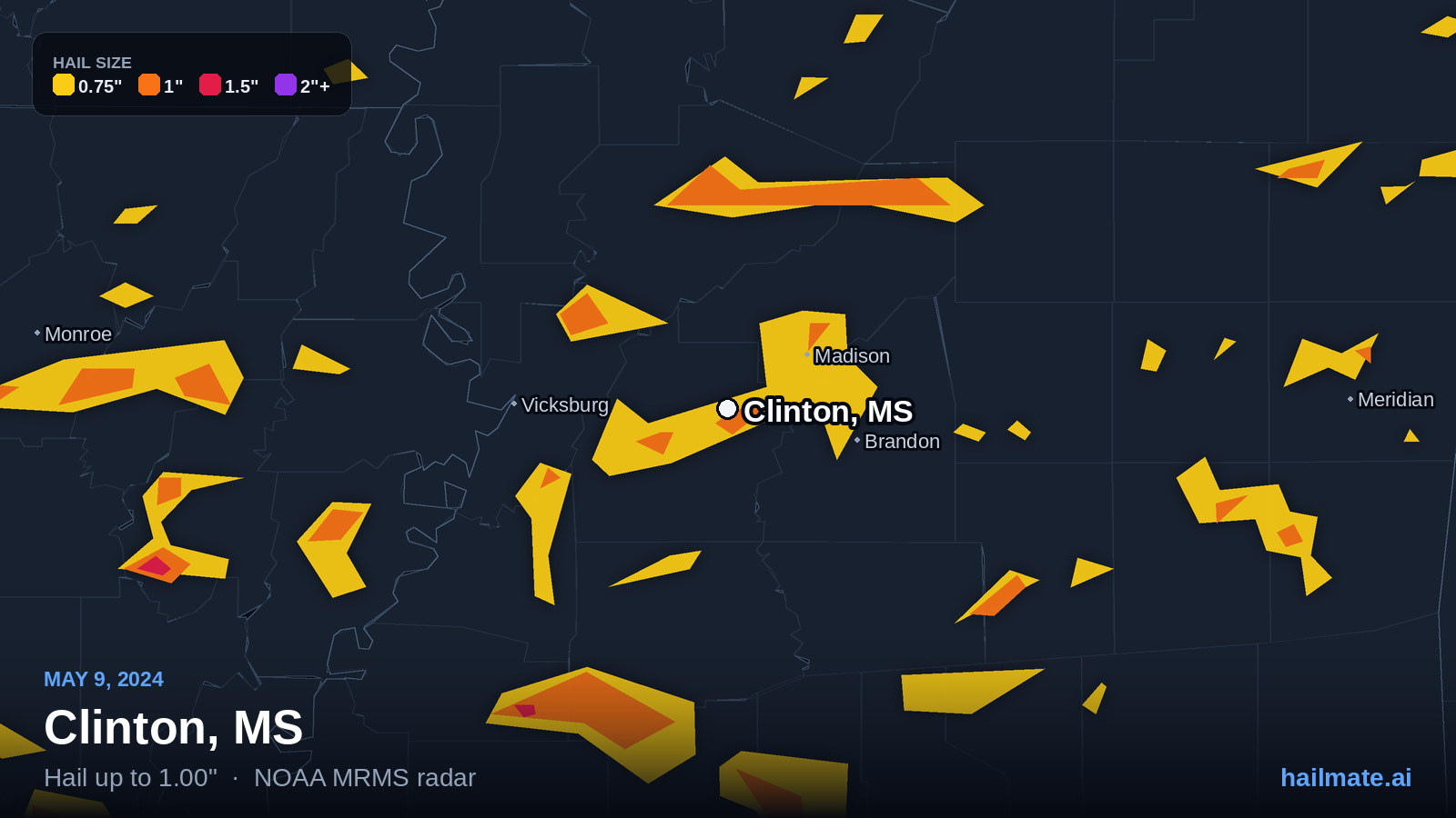 Hail swath map for Clinton, MS on May 9, 2024 showing 1.00 inch hail.