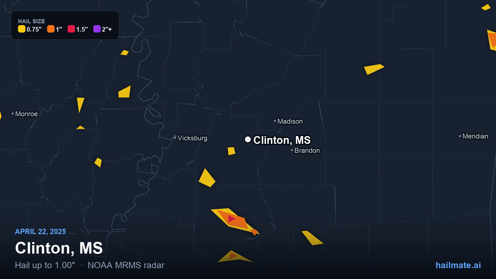 Hail swath map for Clinton, MS on April 22, 2025 showing 1.00 inch hail.