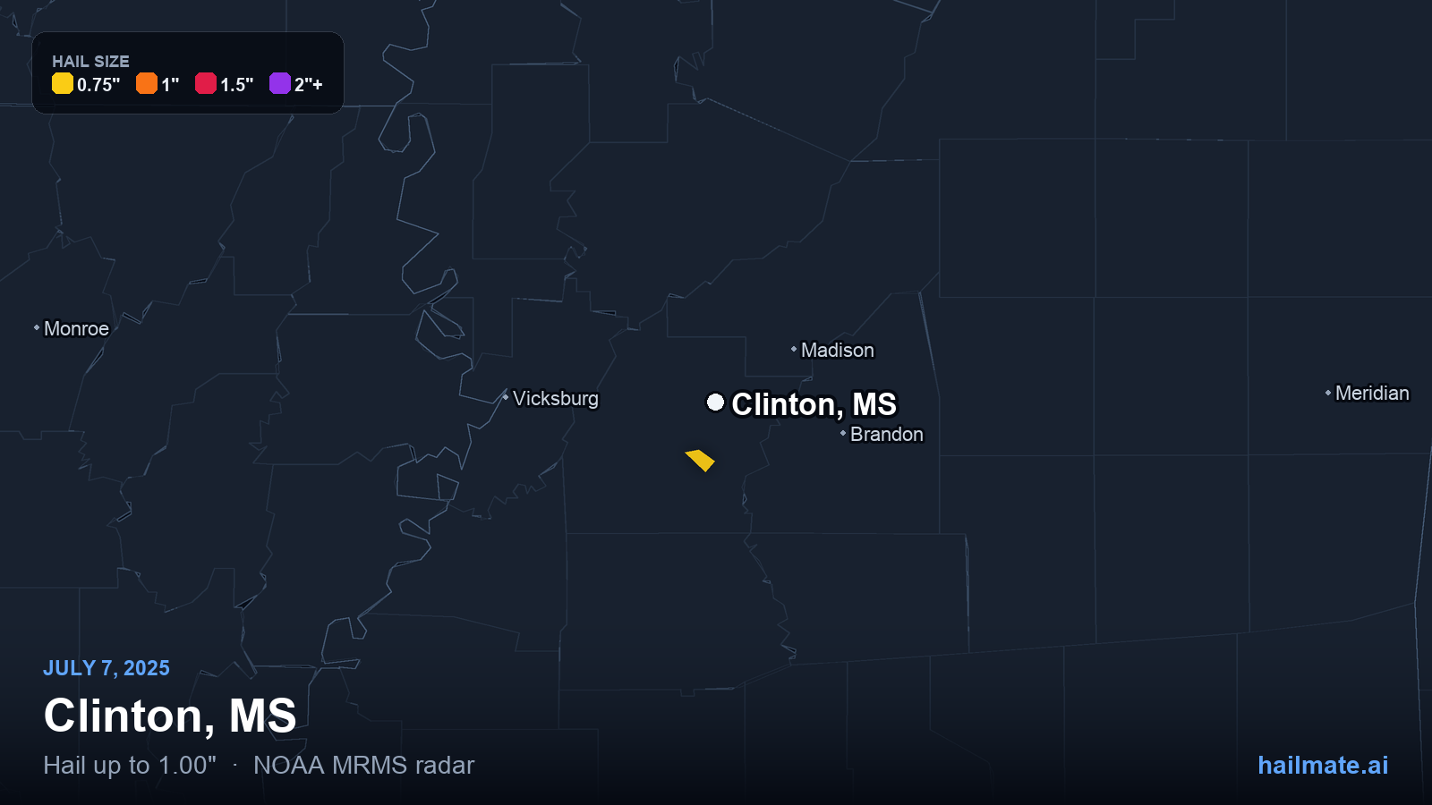 Hail swath map for Clinton, MS on July 7, 2025 showing 1.00 inch hail.