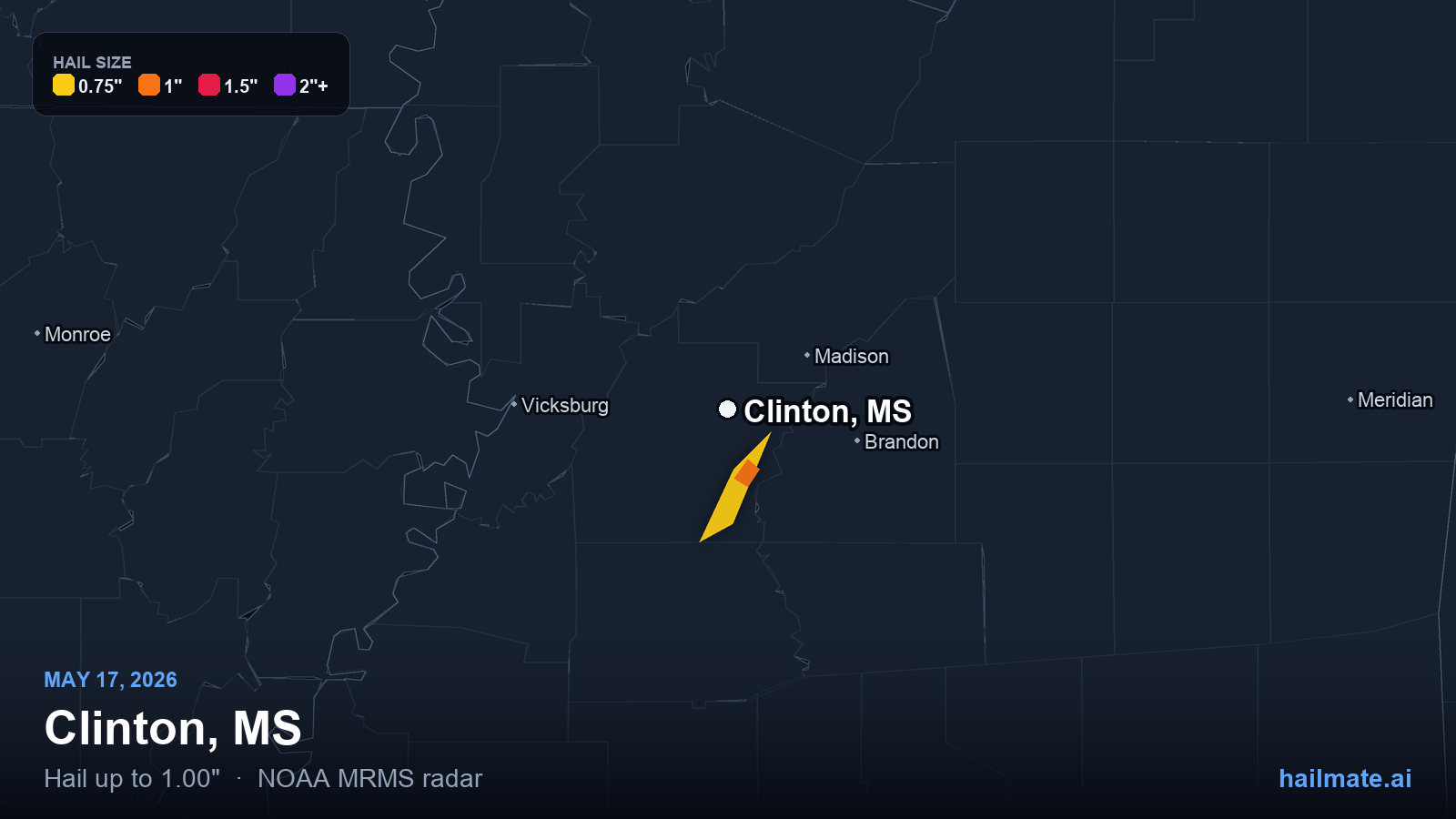 Hail swath map for Clinton, MS on May 17, 2026 showing 1.00 inch hail.