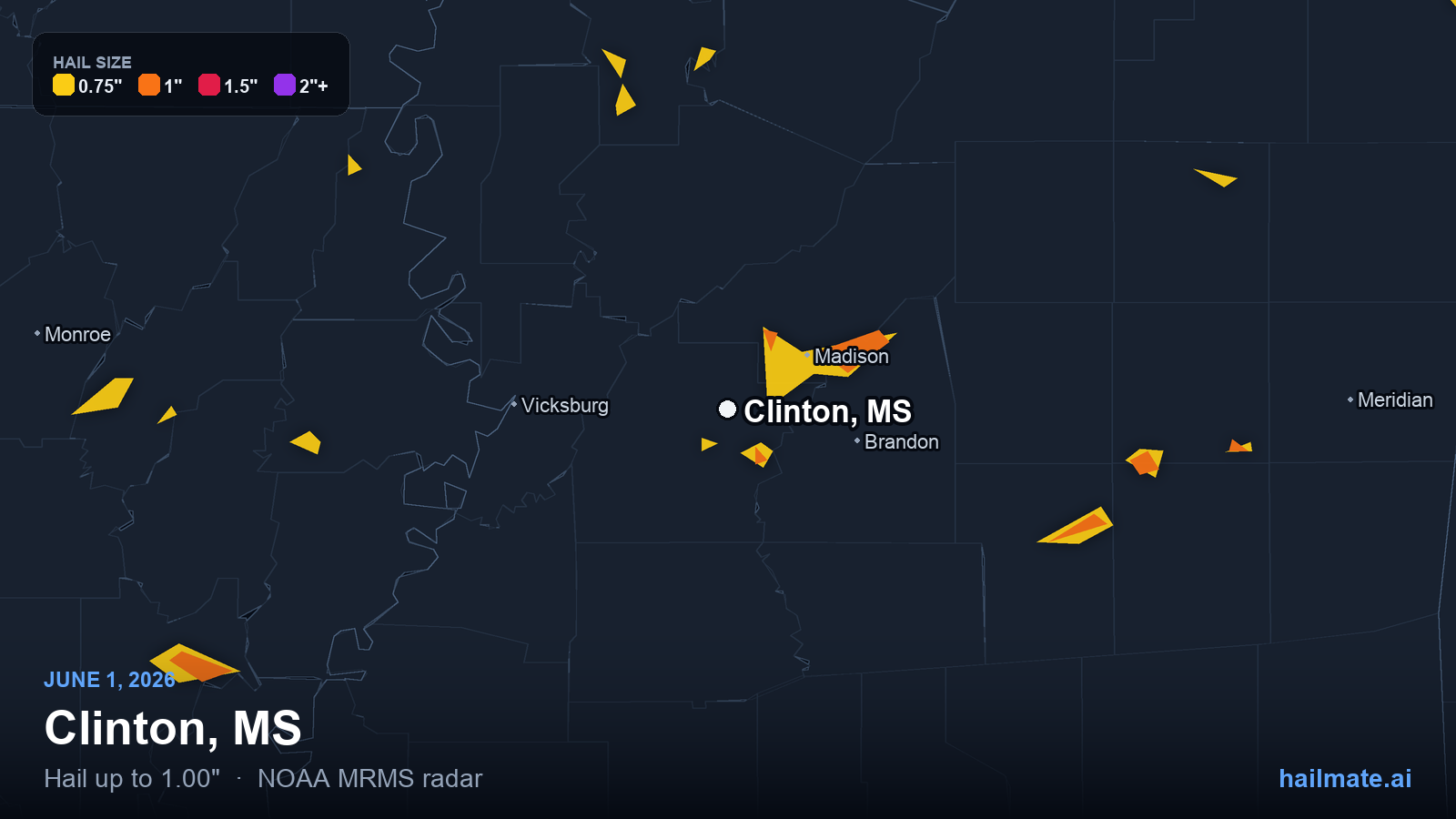 Hail swath map for Clinton, MS on June 1, 2026 showing 1.00 inch hail.