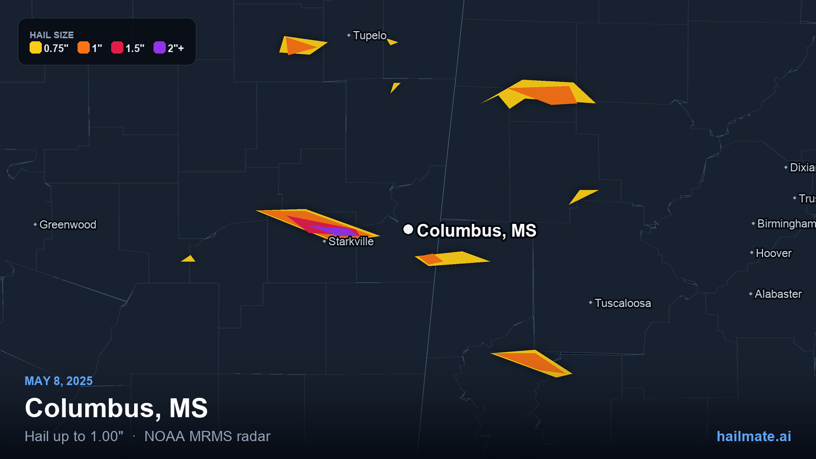 Hail swath map for Columbus, MS on May 8, 2025 showing 1.00 inch hail.
