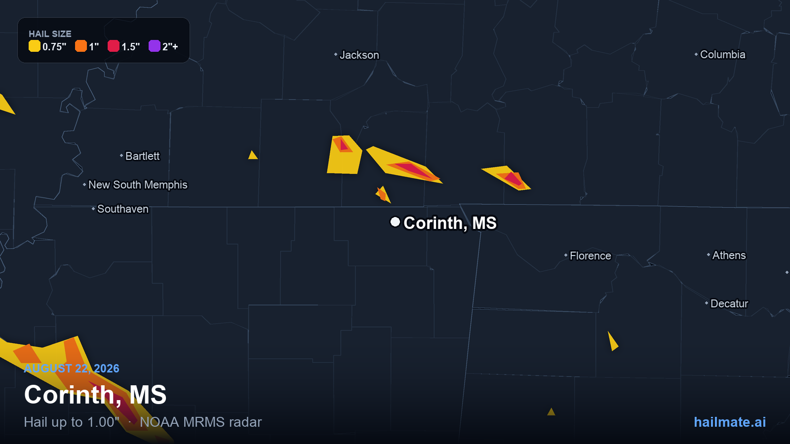 Hail swath map for Corinth, MS on August 22, 2026 showing 1.00 inch hail.