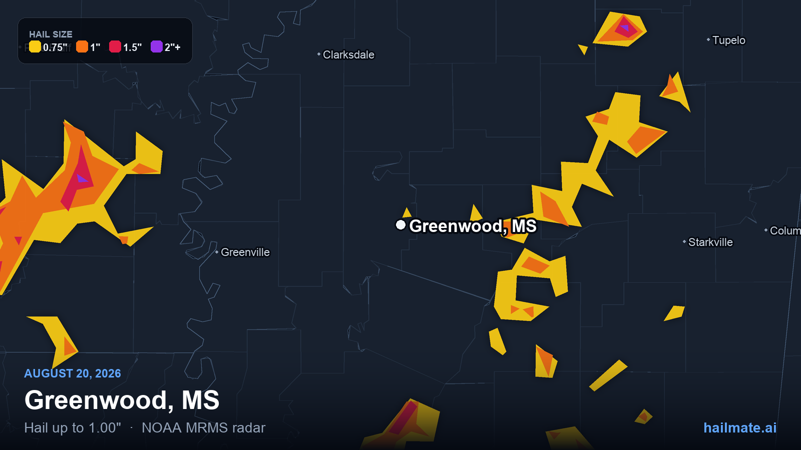 Hail swath map for Greenwood, MS on August 20, 2026 showing 1.00 inch hail.