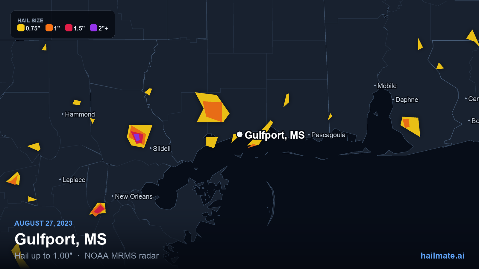Hail swath map for Gulfport, MS on August 27, 2023 showing 1.00 inch hail.