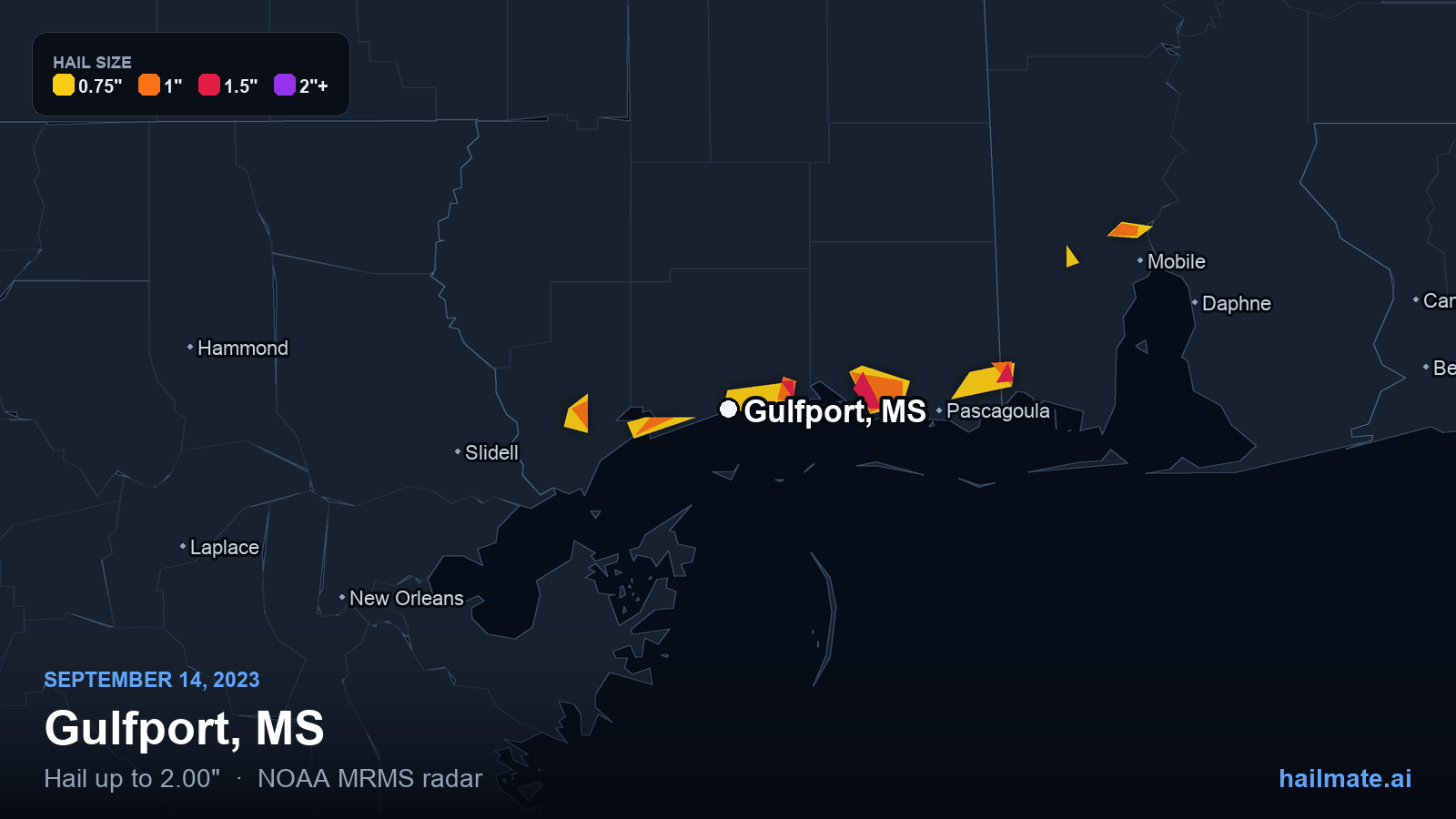 Hail swath map for Gulfport, MS on September 14, 2023 showing 2.00 inch hail.