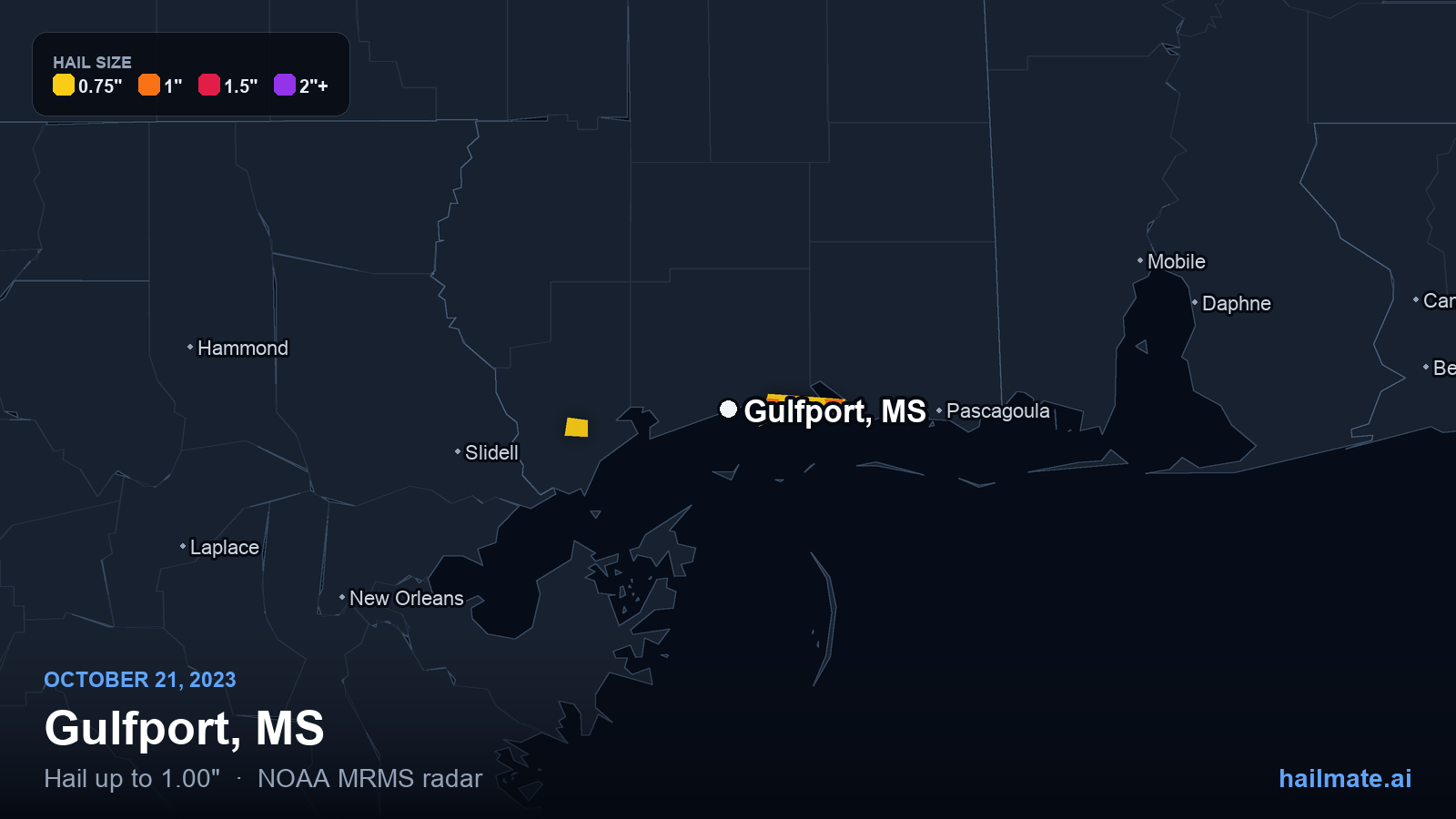 Hail swath map for Gulfport, MS on October 21, 2023 showing 1.00 inch hail.
