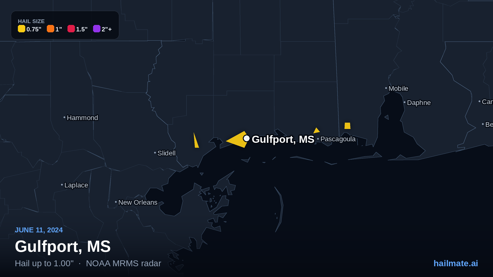Hail swath map for Gulfport, MS on June 11, 2024 showing 1.00 inch hail.