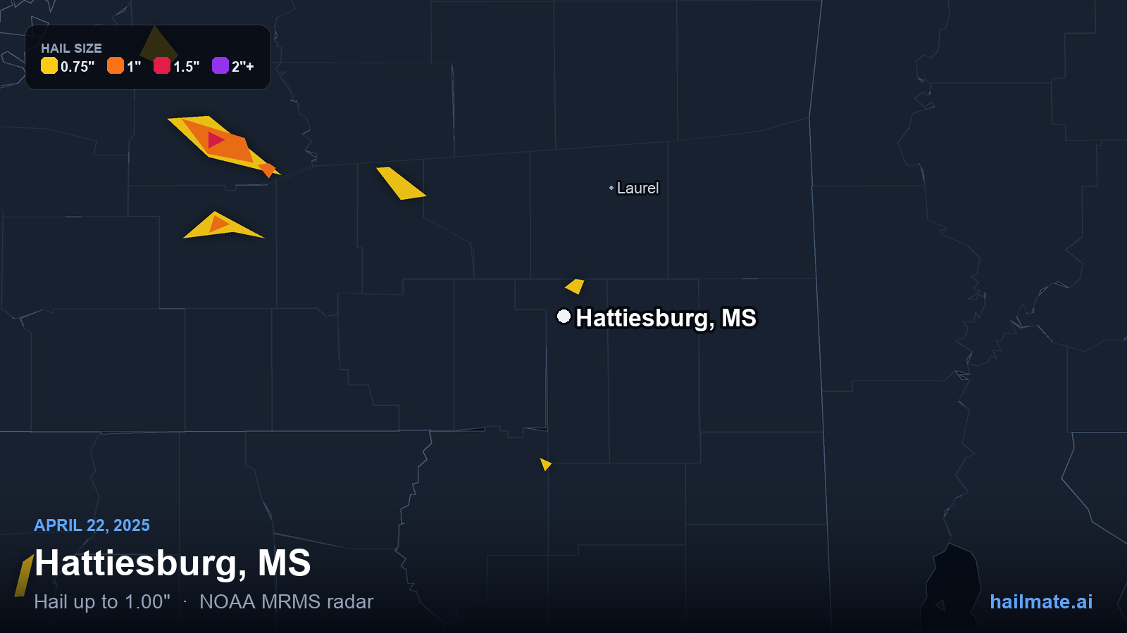 Hail swath map for Hattiesburg, MS on April 22, 2025 showing 1.00 inch hail.