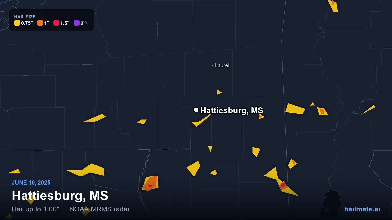Hail swath map for Hattiesburg, MS on June 10, 2025 showing 1.00 inch hail.