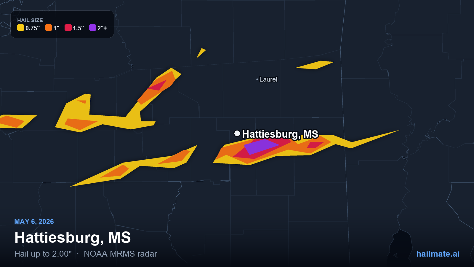 Hail swath map for Hattiesburg, MS on May 6, 2026 showing 2.00 inch hail.