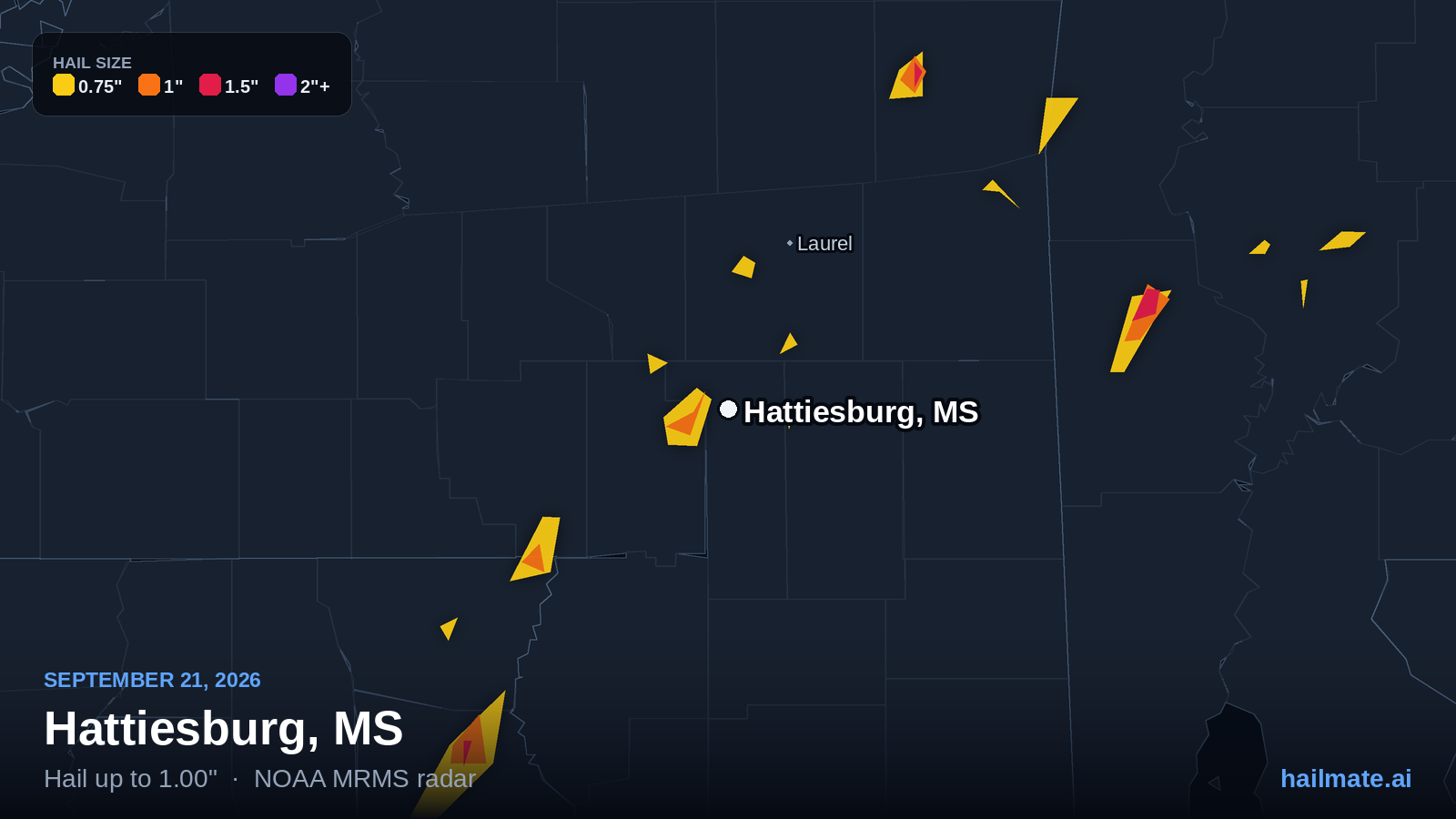 Hail swath map for Hattiesburg, MS on September 21, 2026 showing 1.00 inch hail.