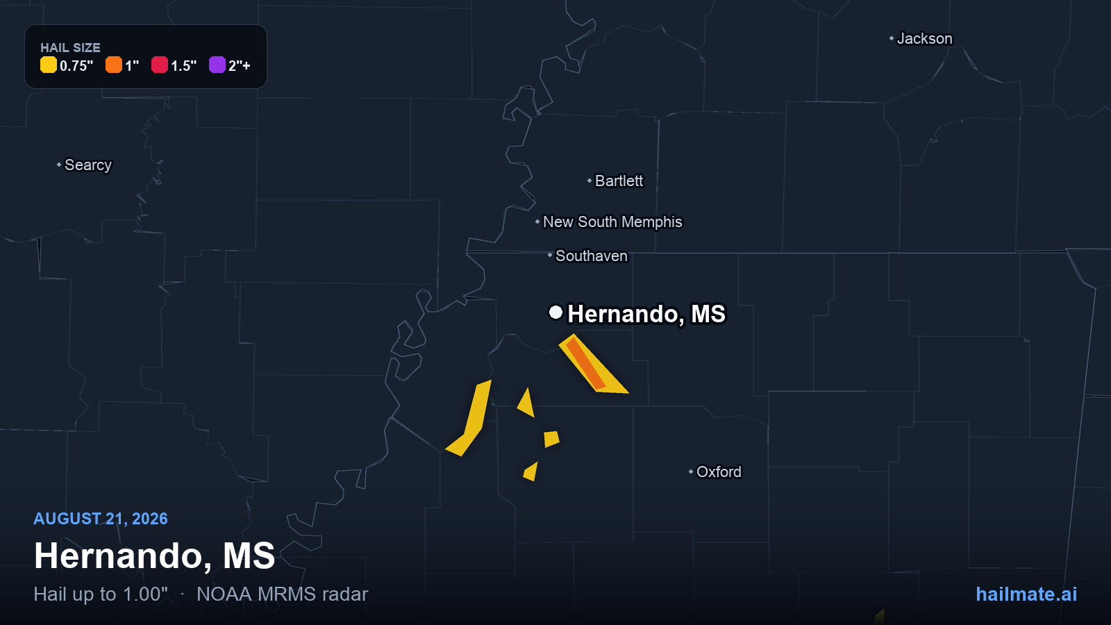 Hail swath map for Hernando, MS on August 21, 2026 showing 1.00 inch hail.