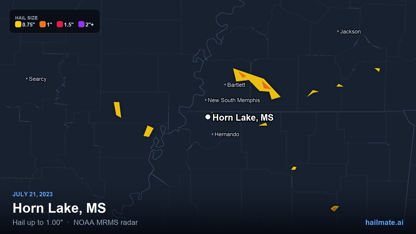 Hail swath map for Horn Lake, MS on July 21, 2023 showing 1.00 inch hail.