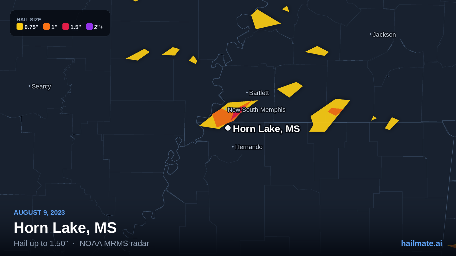Hail swath map for Horn Lake, MS on August 9, 2023 showing 1.50 inch hail.