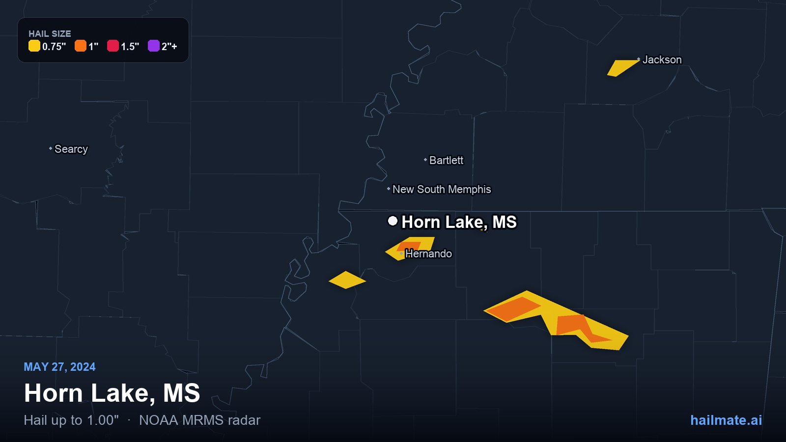 Hail swath map for Horn Lake, MS on May 27, 2024 showing 1.00 inch hail.