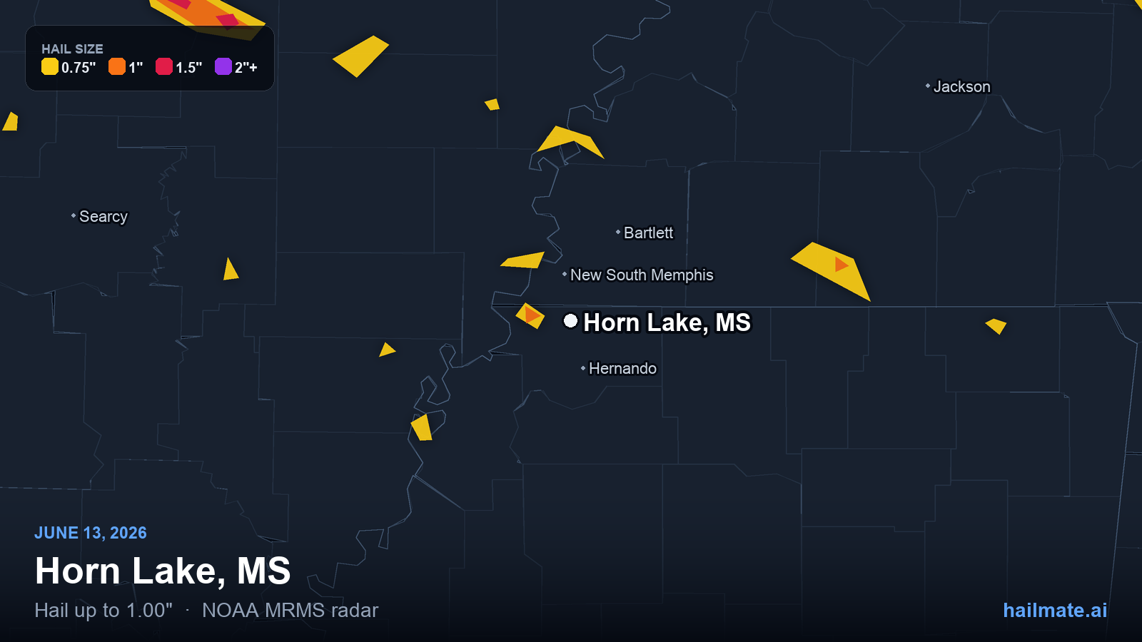 Hail swath map for Horn Lake, MS on June 13, 2026 showing 1.00 inch hail.