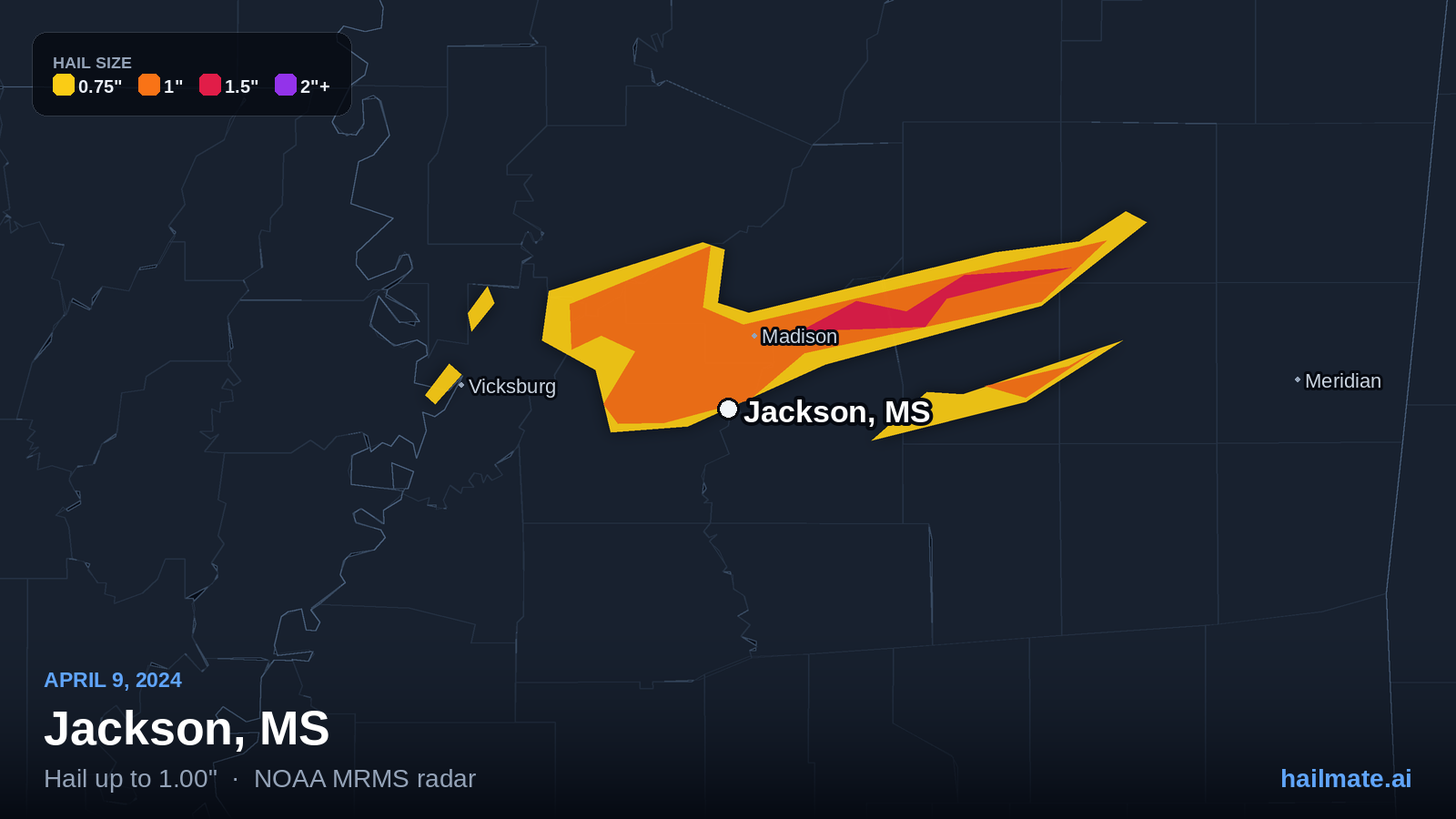 Hail swath map for Jackson, MS on April 9, 2024 showing 1.00 inch hail.