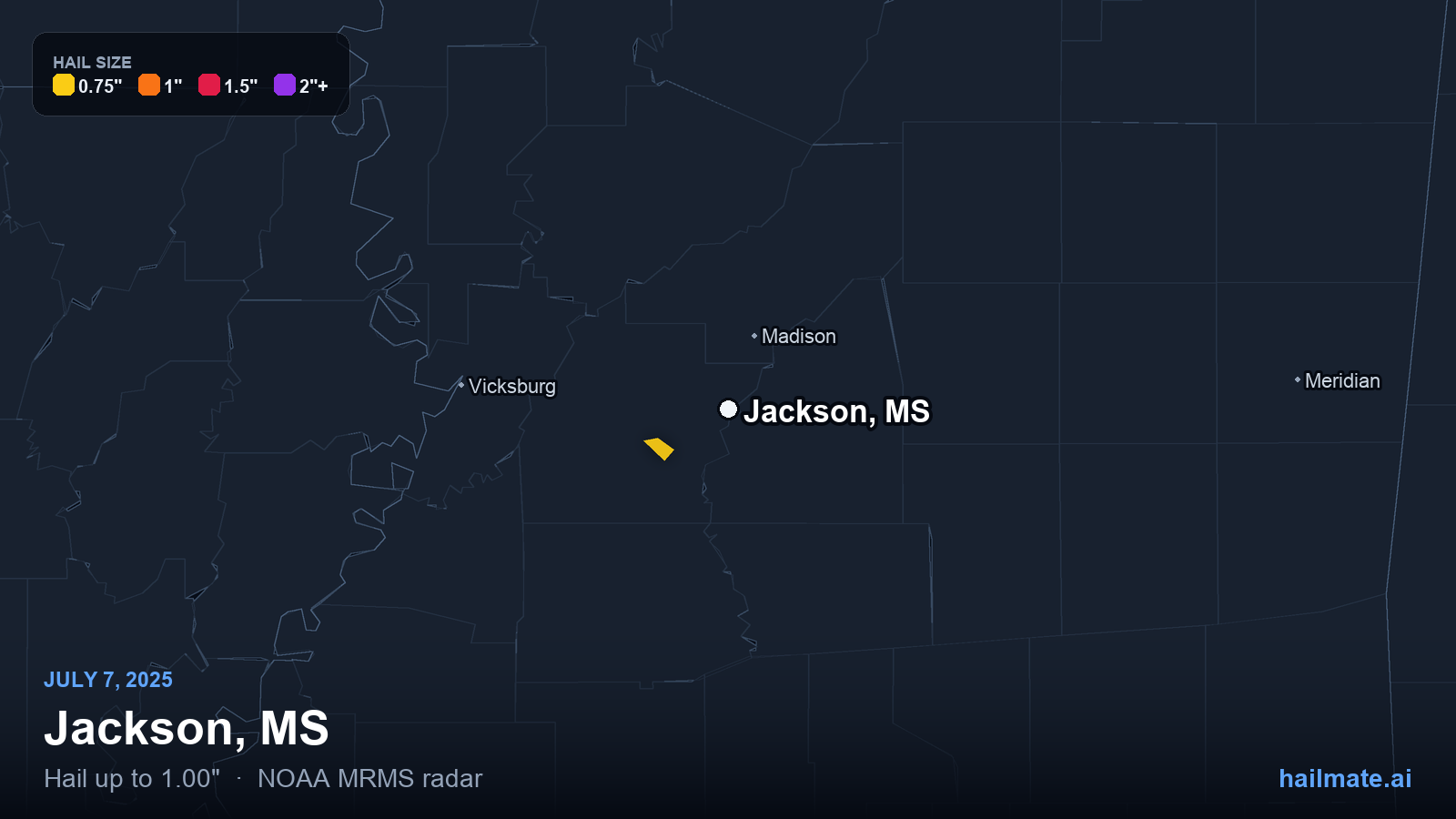 Hail swath map for Jackson, MS on July 7, 2025 showing 1.00 inch hail.
