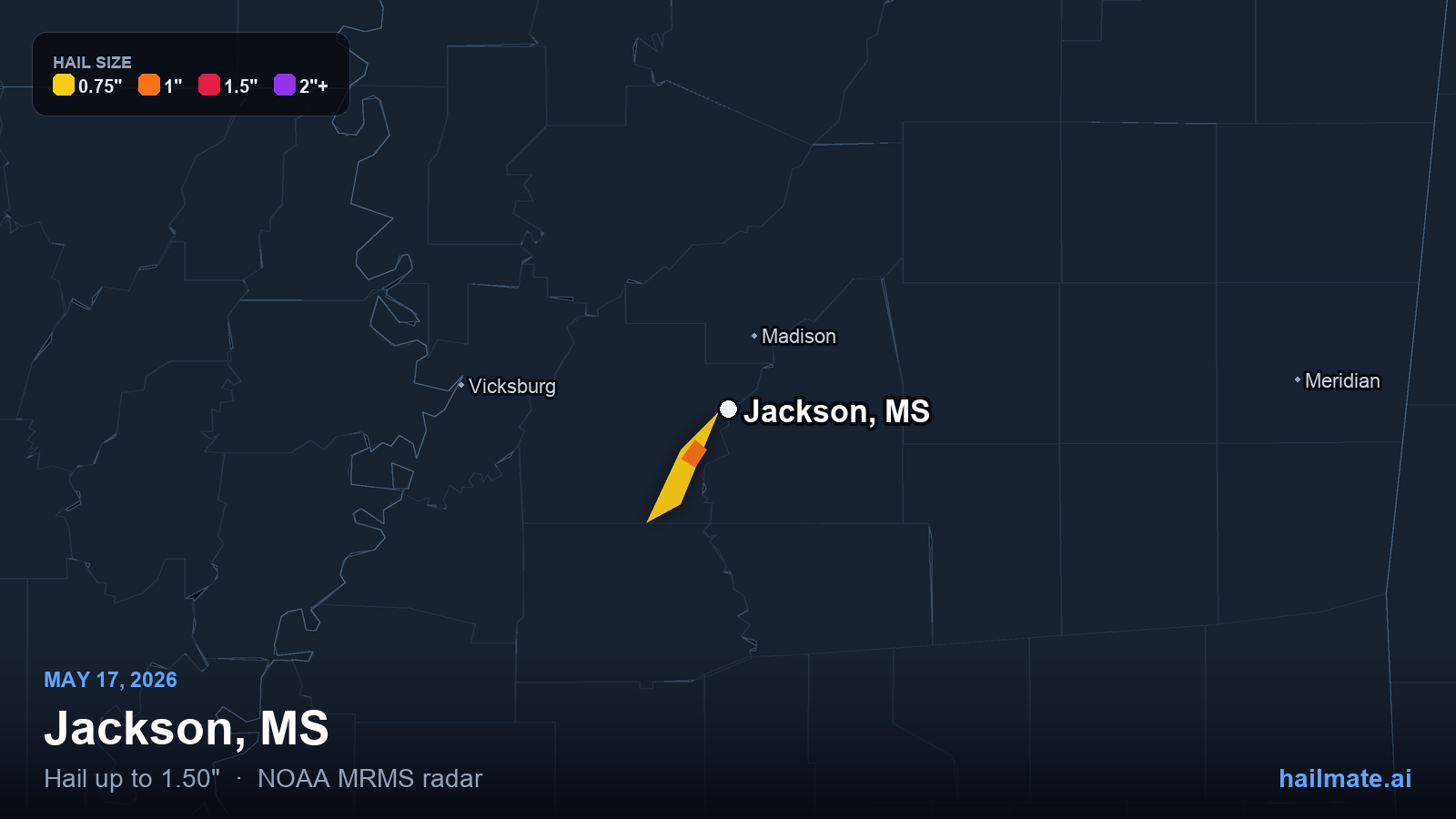 Hail swath map for Jackson, MS on May 17, 2026 showing 1.50 inch hail.