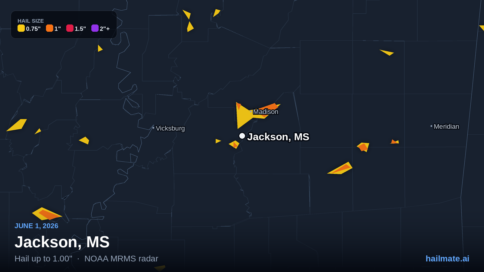 Hail swath map for Jackson, MS on June 1, 2026 showing 1.00 inch hail.
