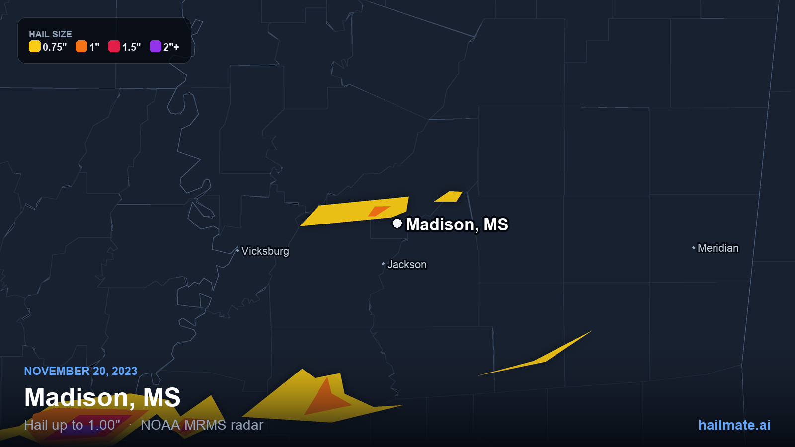 Hail swath map for Madison, MS on November 20, 2023 showing 1.00 inch hail.