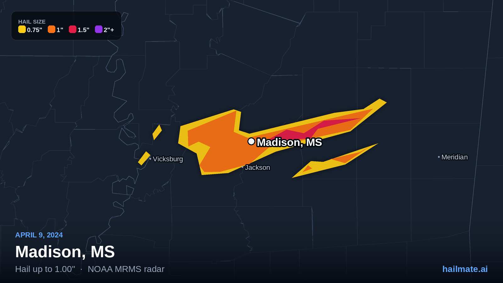 Hail swath map for Madison, MS on April 9, 2024 showing 1.00 inch hail.