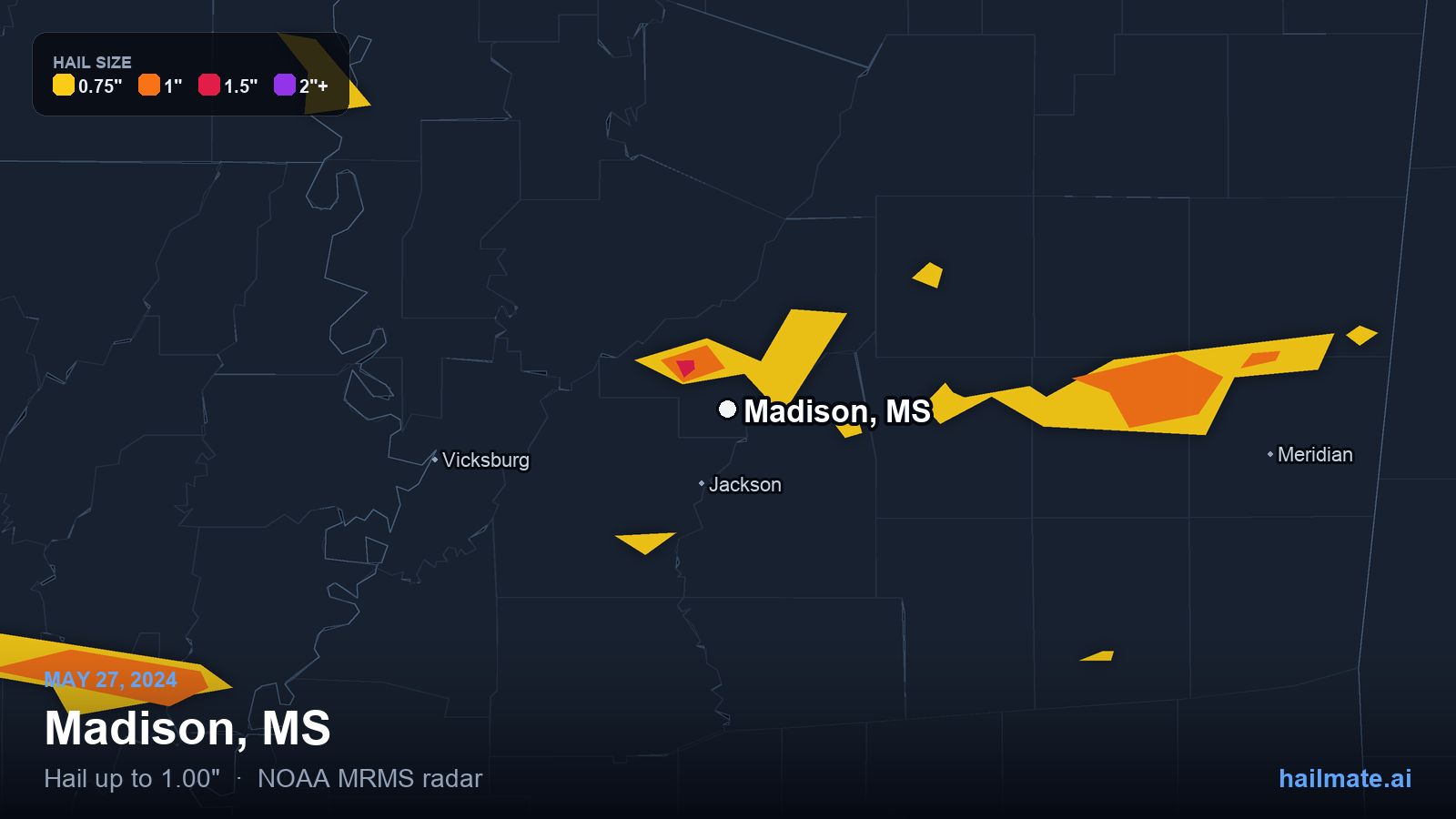 Hail swath map for Madison, MS on May 27, 2024 showing 1.00 inch hail.