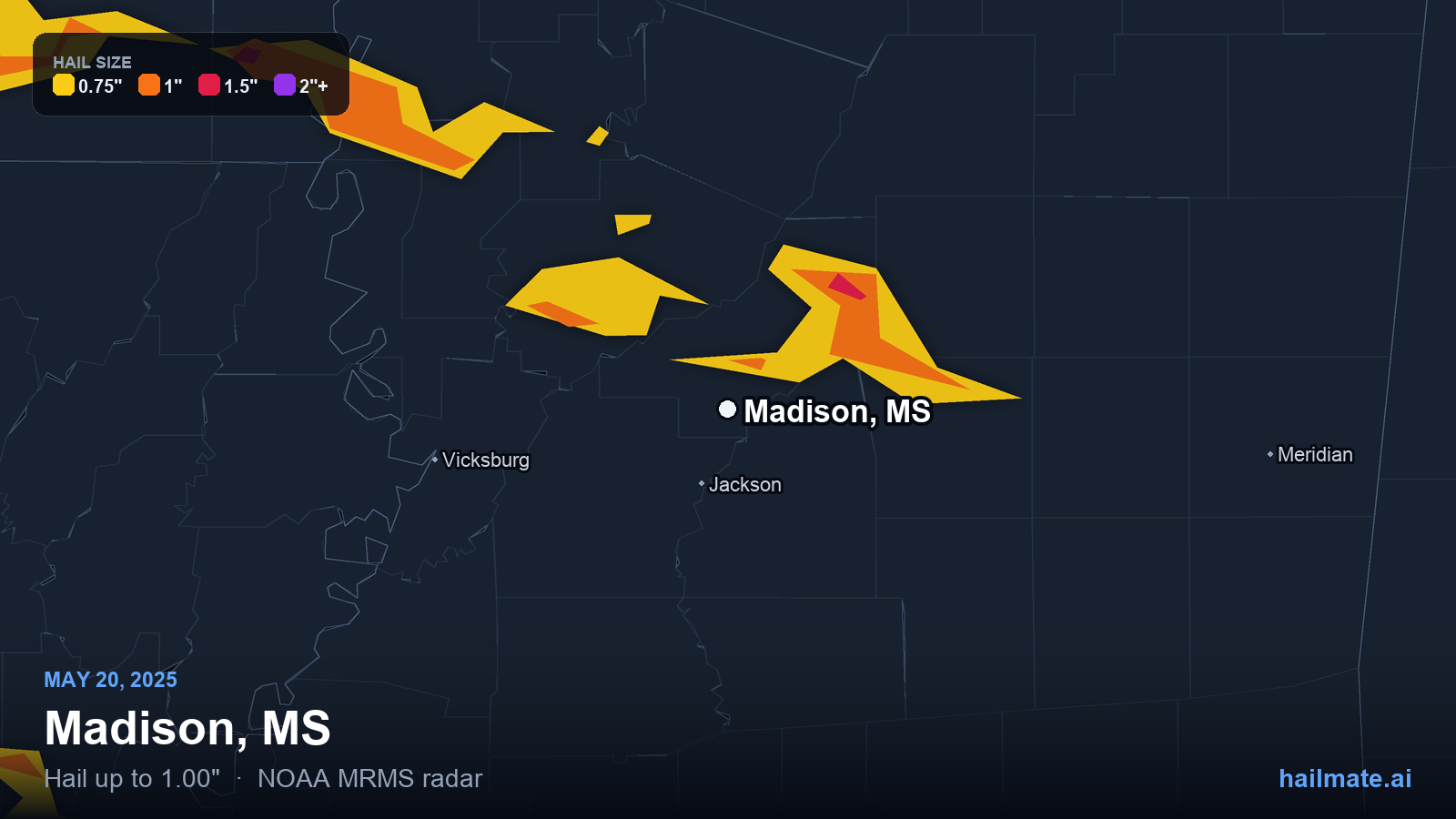 Hail swath map for Madison, MS on May 20, 2025 showing 1.00 inch hail.