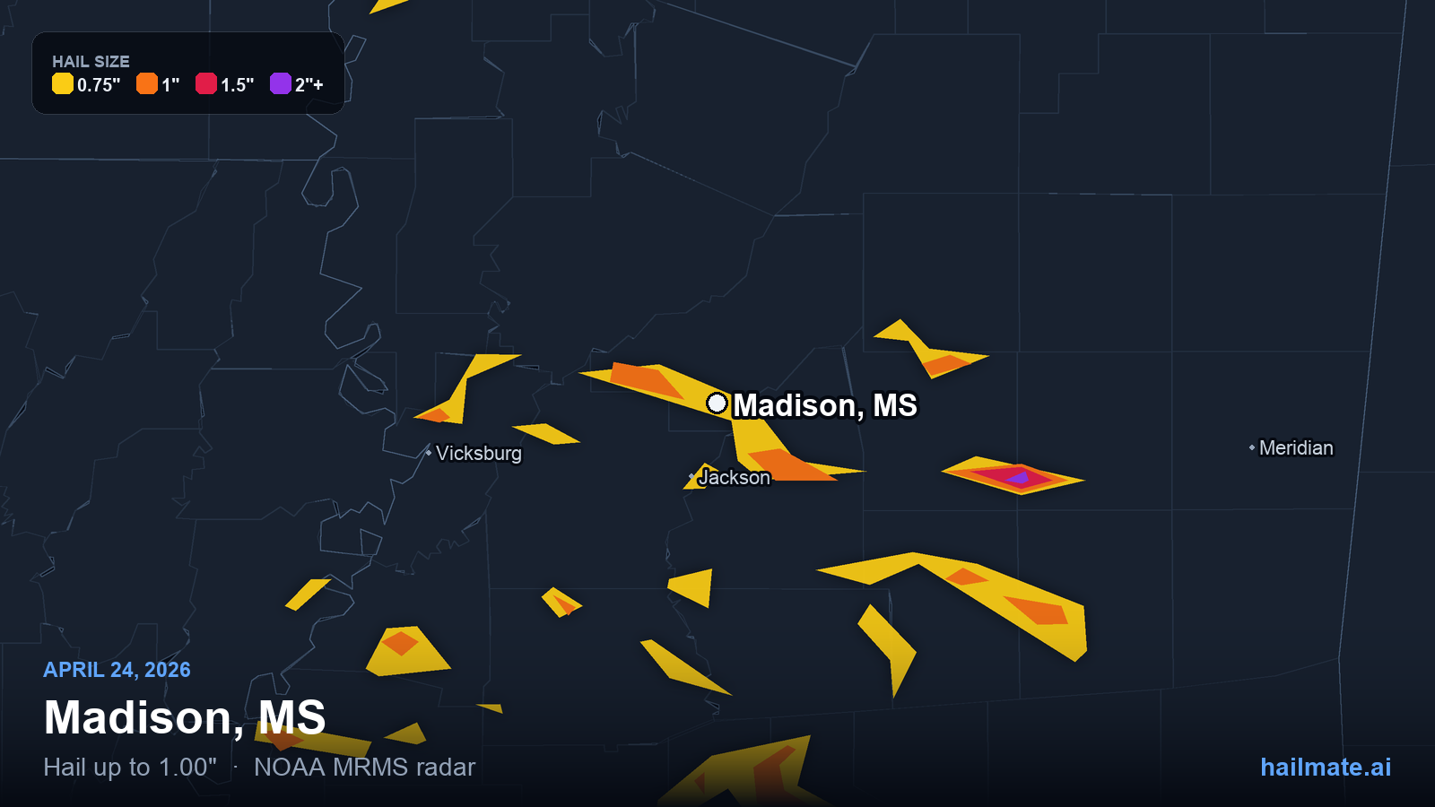 Hail swath map for Madison, MS on April 24, 2026 showing 1.00 inch hail.