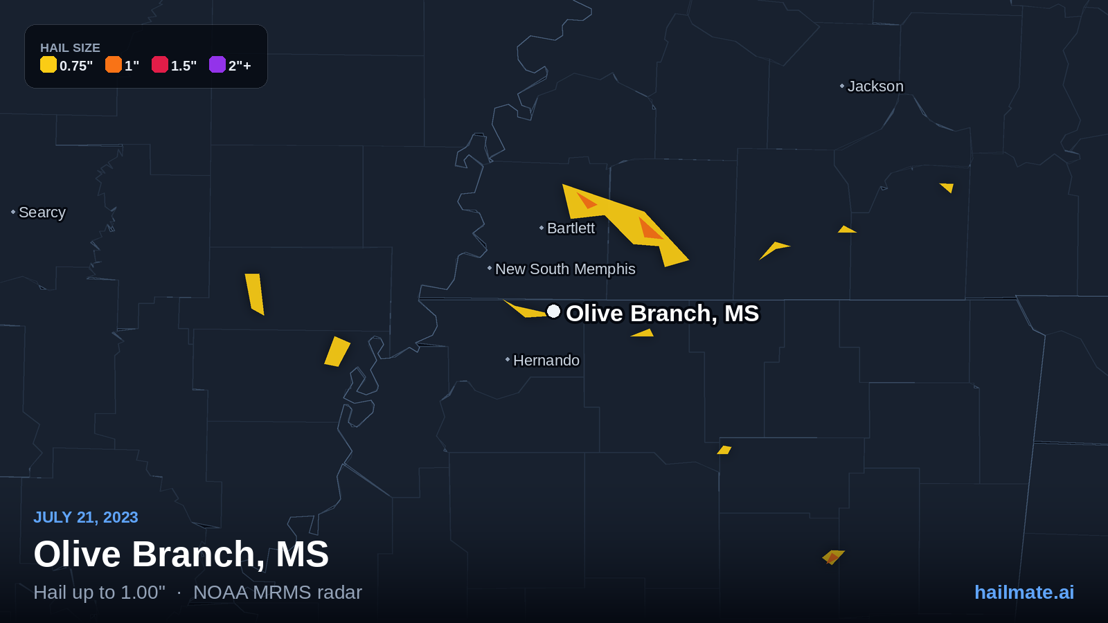 Hail swath map for Olive Branch, MS on July 21, 2023 showing 1.00 inch hail.