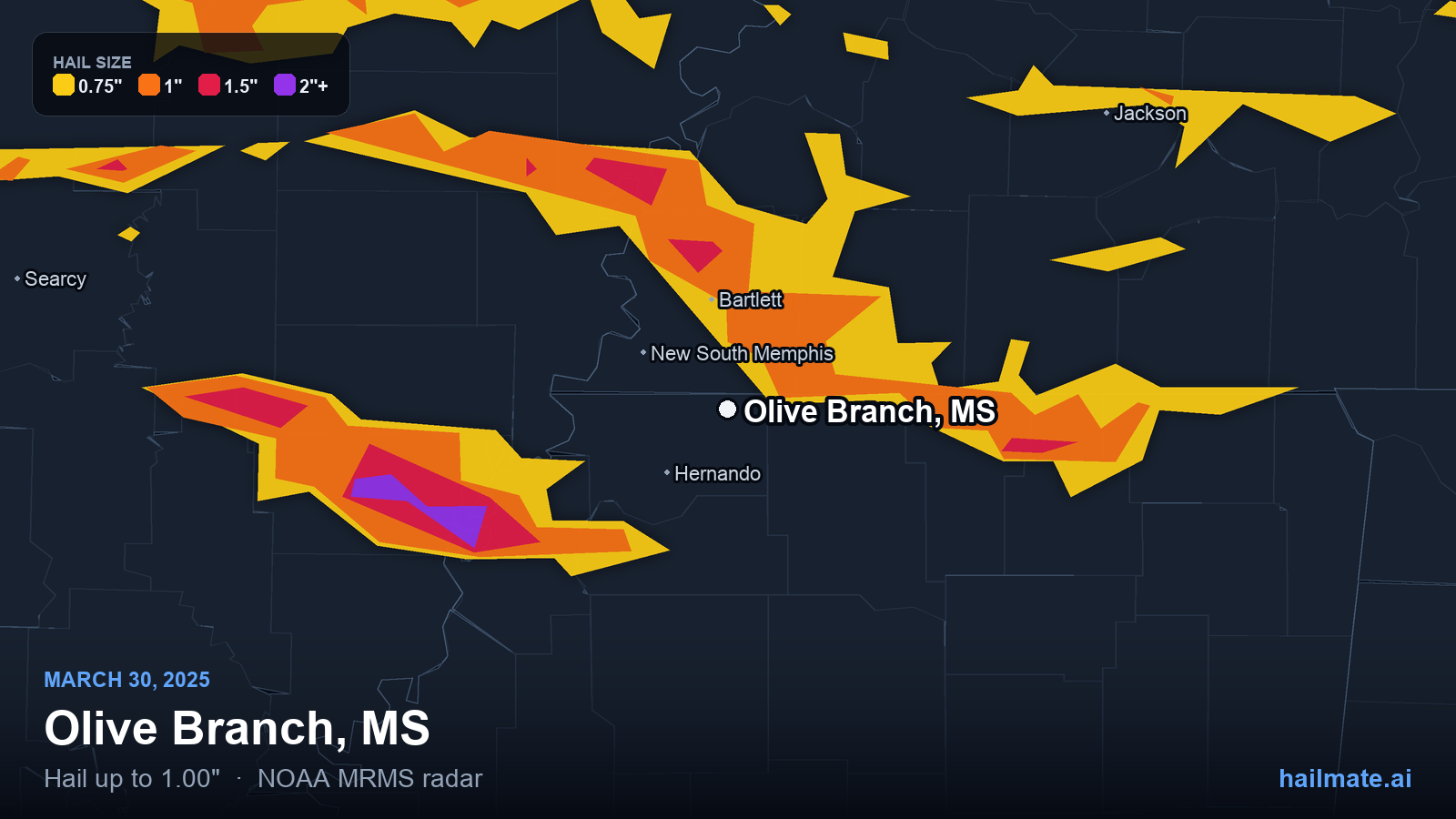 Hail swath map for Olive Branch, MS on March 30, 2025 showing 1.00 inch hail.