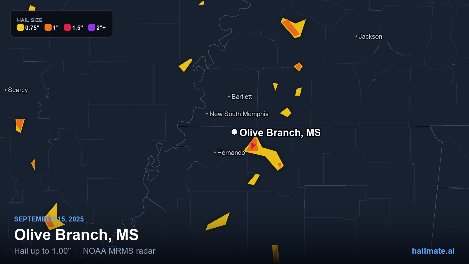 Hail swath map for Olive Branch, MS on September 15, 2025 showing 1.00 inch hail.