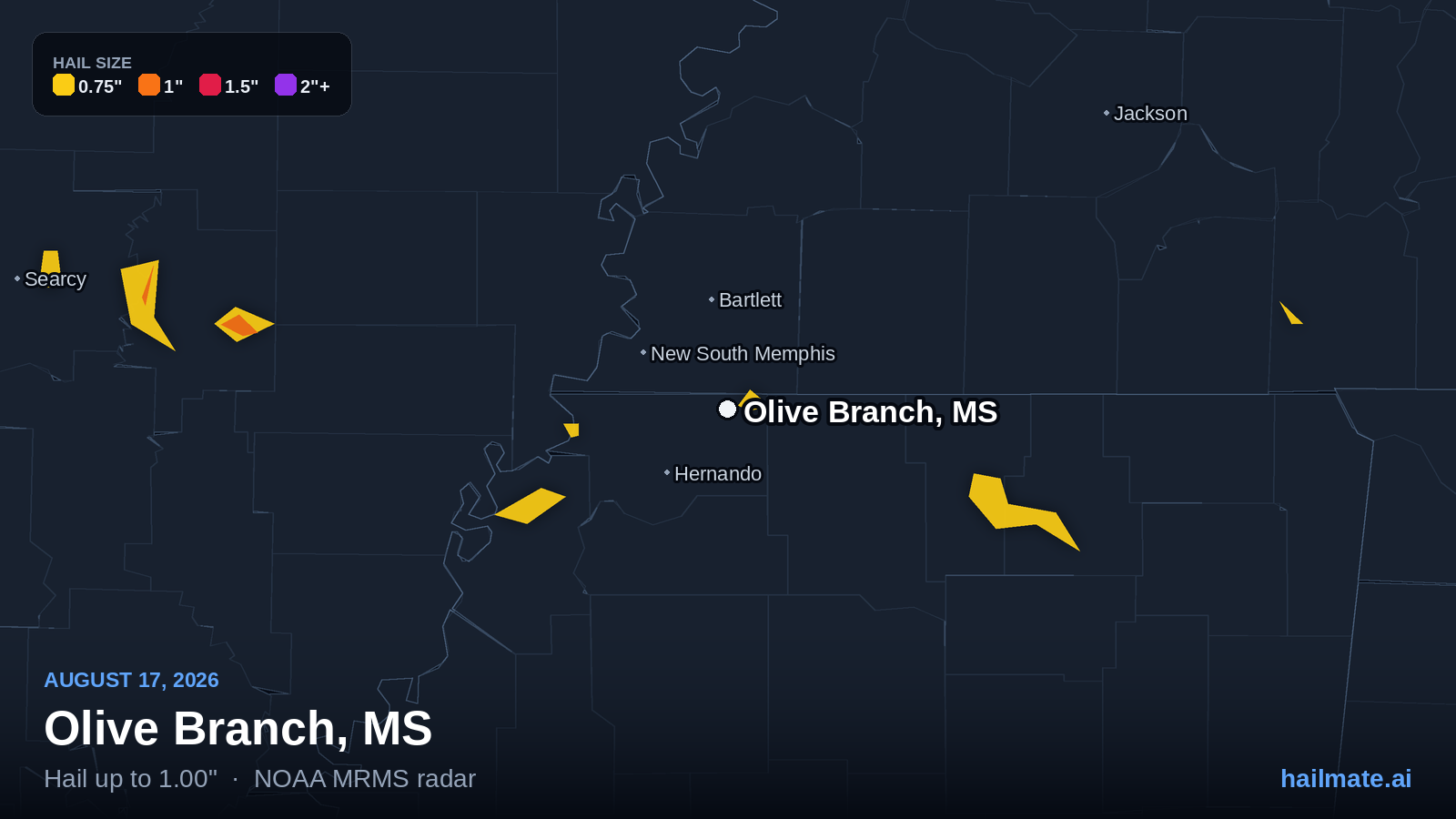 Hail swath map showing 1.00 inch hail over Olive Branch, Mississippi on August 17, 2026.