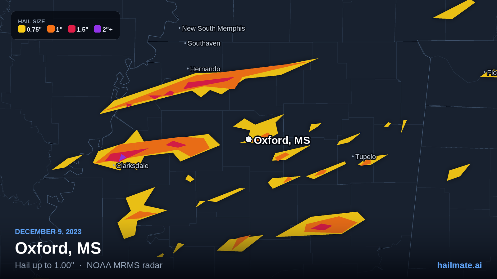 Hail swath map for Oxford, MS on December 9, 2023 showing 1.00 inch hail.