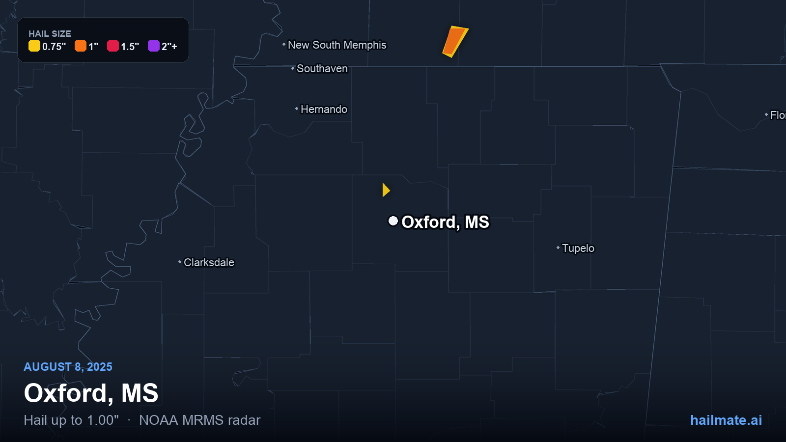 Hail swath map for Oxford, MS on August 8, 2025 showing 1.00 inch hail.