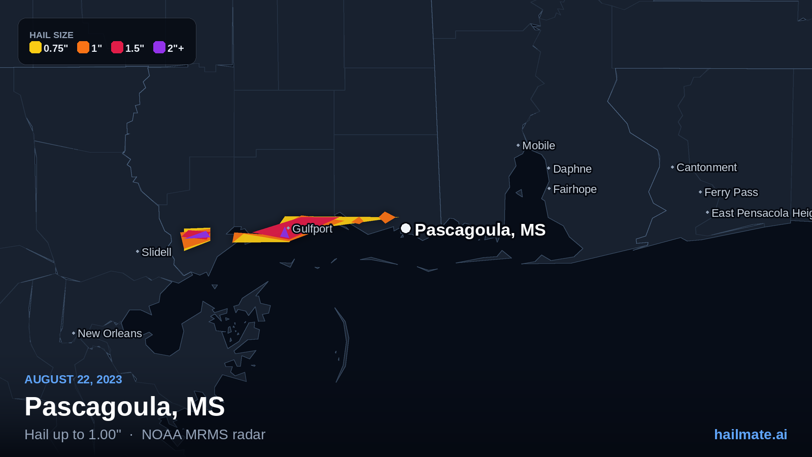 Hail swath map for Pascagoula, MS on August 22, 2023 showing 1.00 inch hail.
