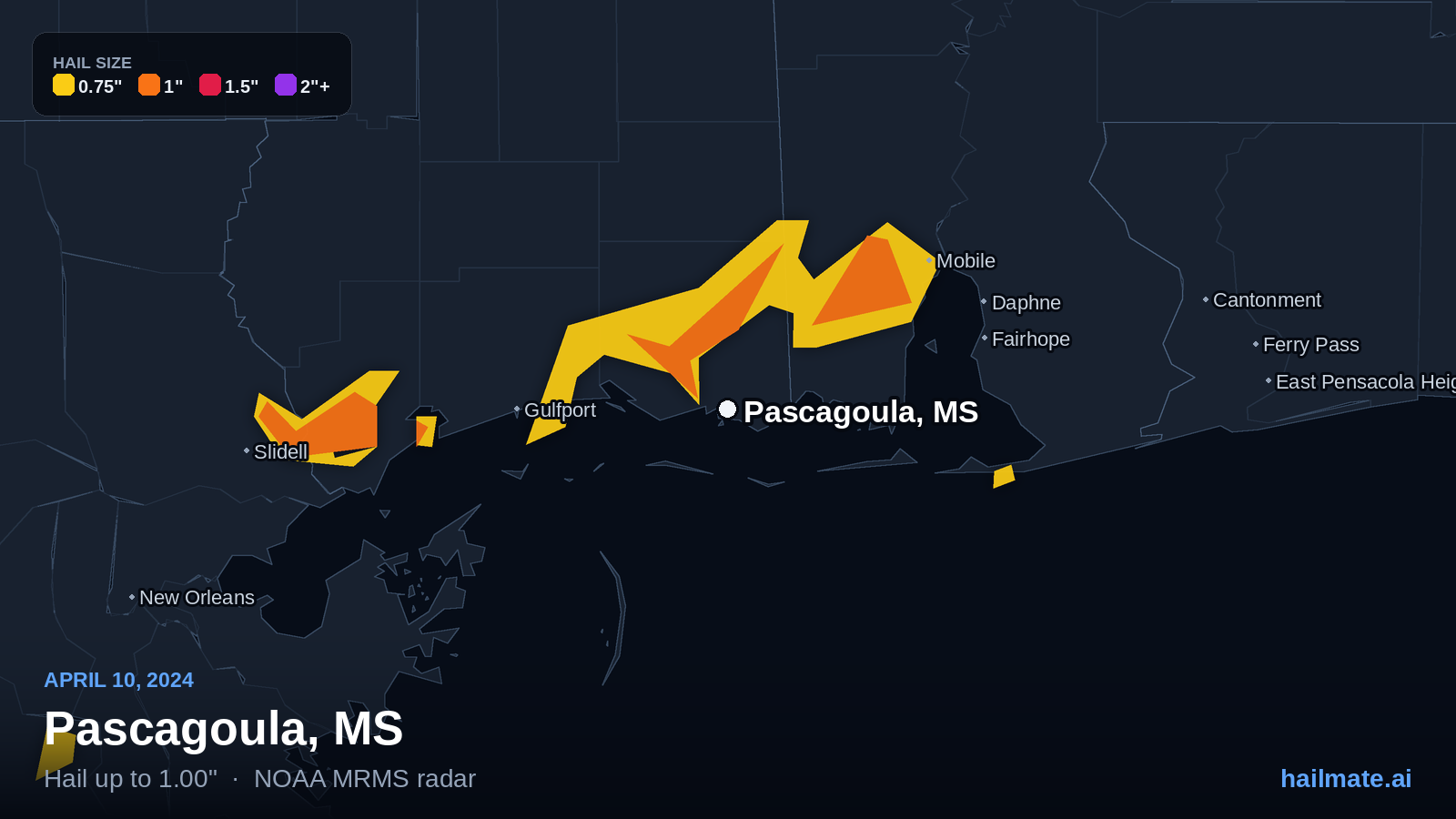 Hail swath map for Pascagoula, MS on April 10, 2024 showing 1.00 inch hail.