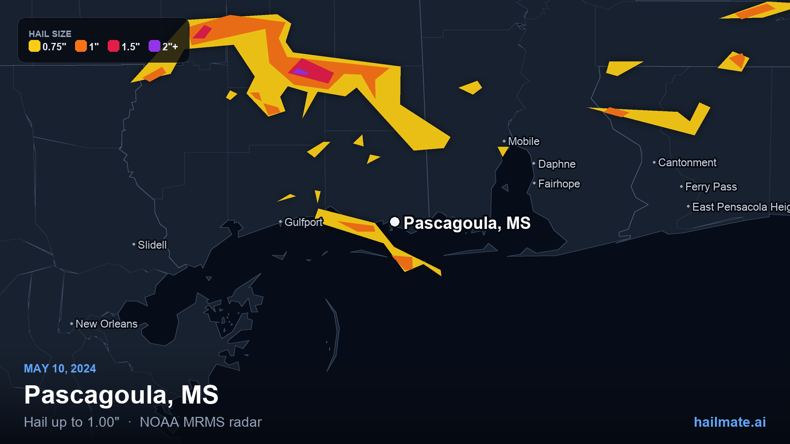 Hail swath map for Pascagoula, MS on May 10, 2024 showing 1.00 inch hail.