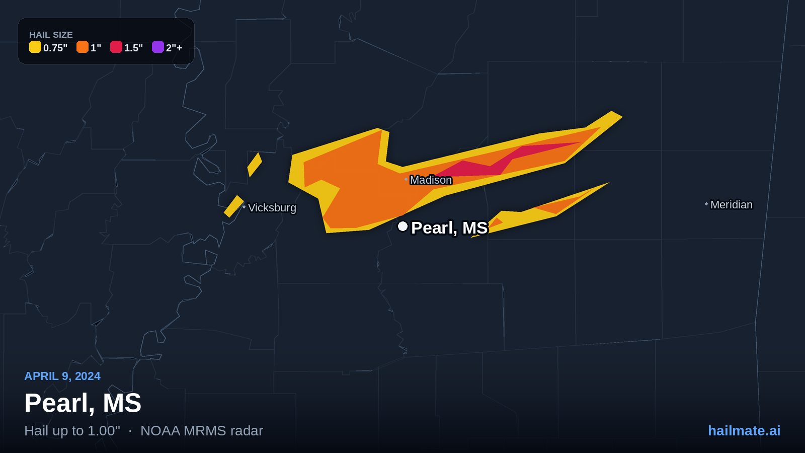 Hail swath map for Pearl, MS on April 9, 2024 showing 1.00 inch hail.