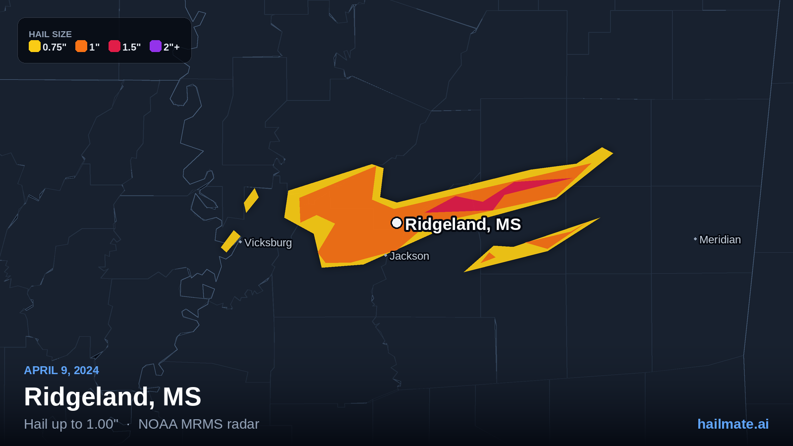 Hail swath map for Ridgeland, MS on April 9, 2024 showing 1.00 inch hail.
