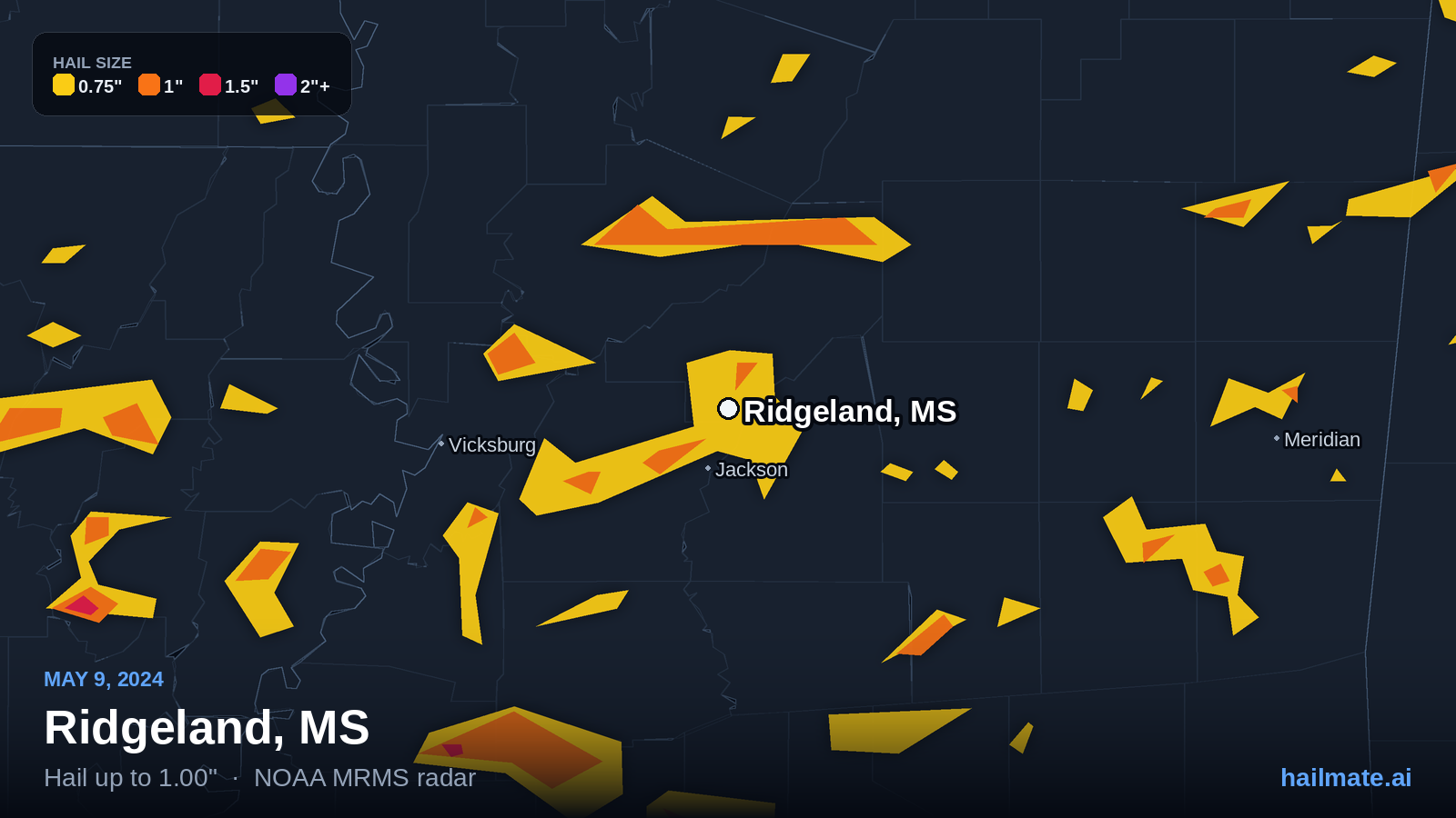 Hail swath map for Ridgeland, MS on May 9, 2024 showing 1.00 inch hail.