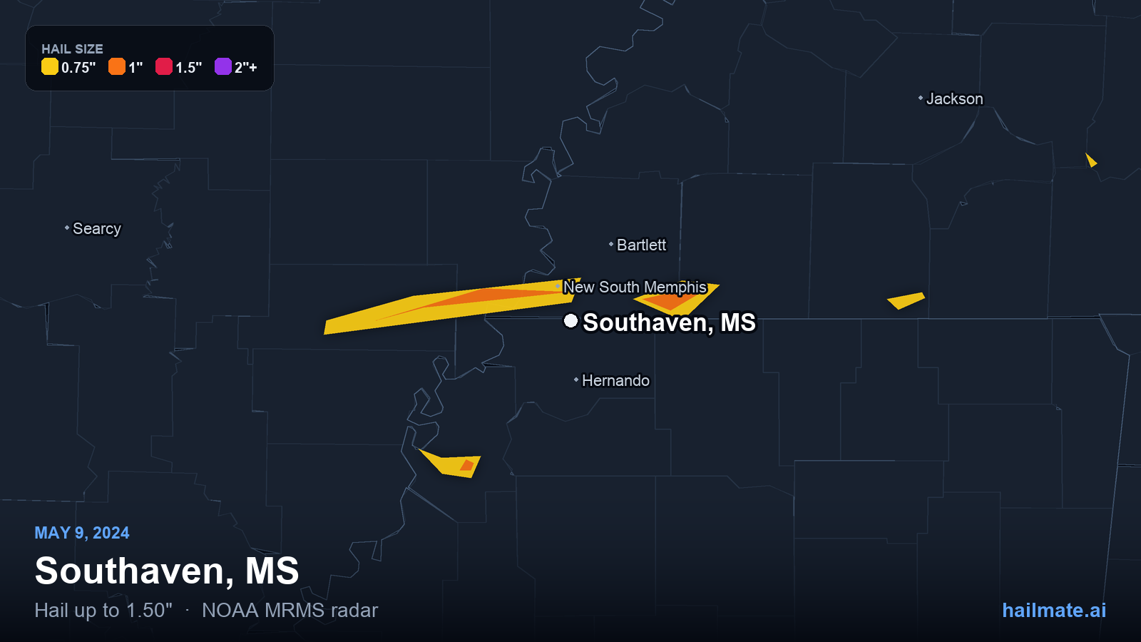 Hail swath map for Southaven, MS on May 9, 2024 showing 1.50 inch hail.