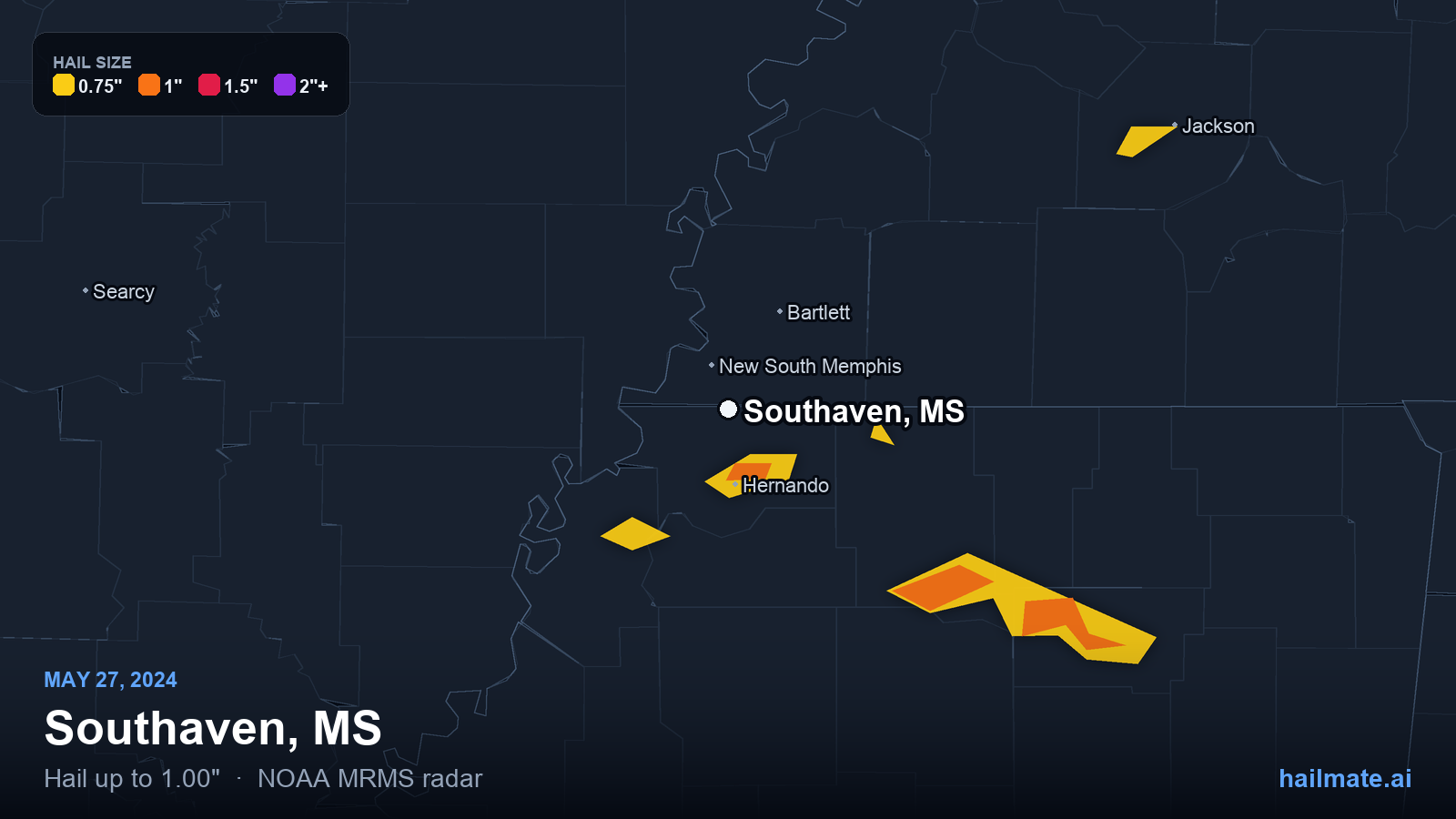 Hail swath map for Southaven, MS on May 27, 2024 showing 1.00 inch hail.
