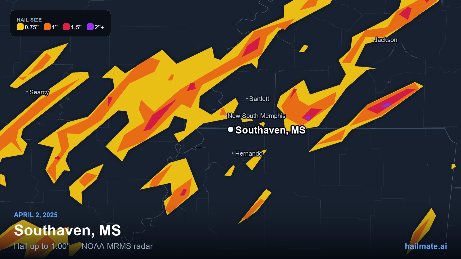 Hail swath map for Southaven, MS on April 2, 2025 showing 1.00 inch hail.
